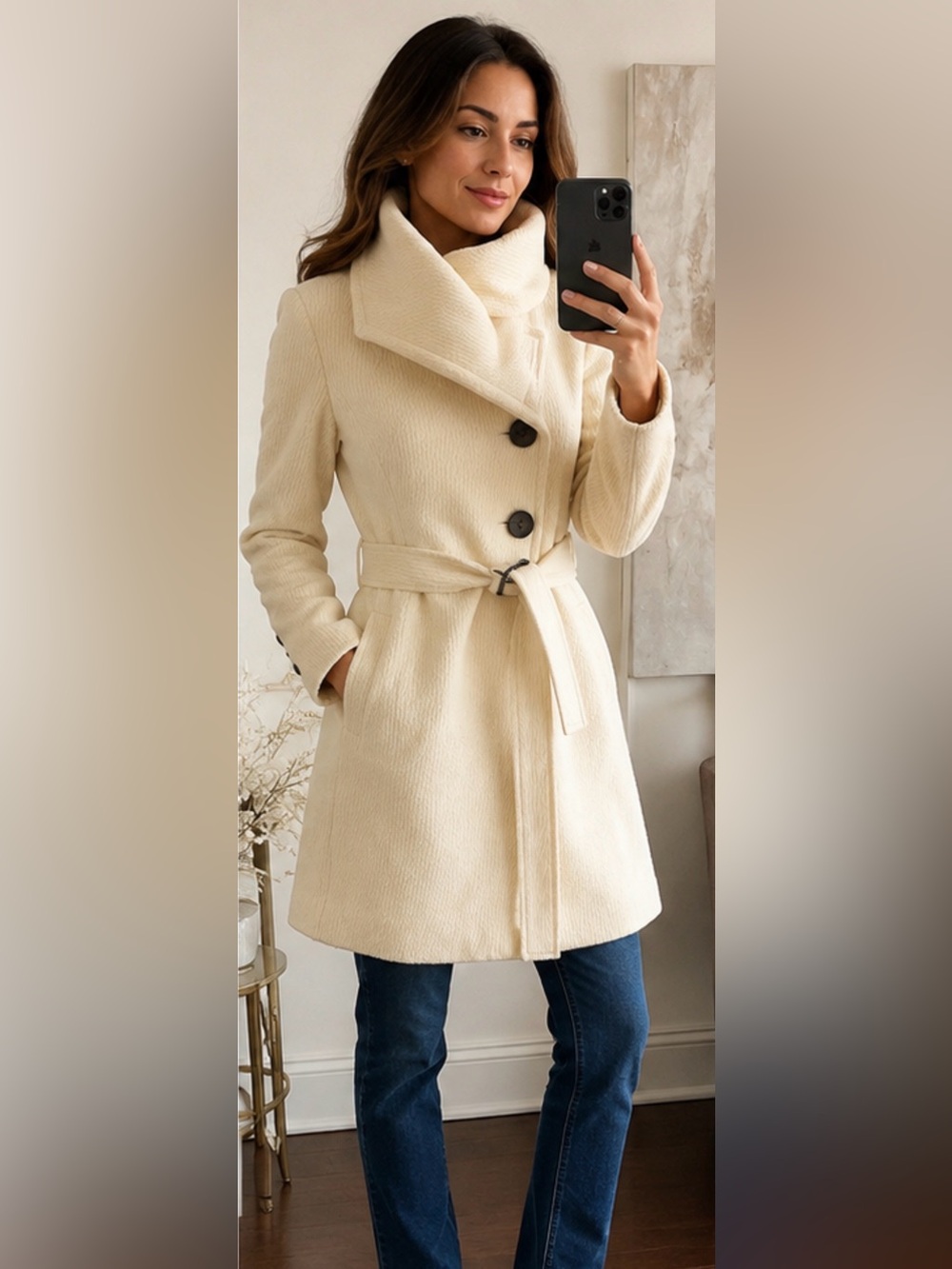 Soia & Kyo Cream Wool Belted Coat Oversized Collar Size P/S